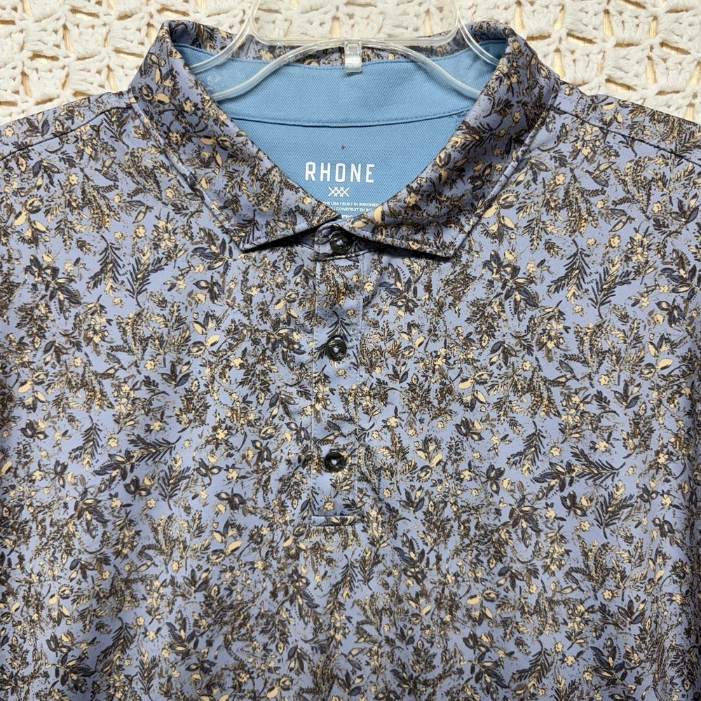 Rhone Polo Shirt Men 2XL Floral Print Blue Short Sleeve Performance Stretch Golf